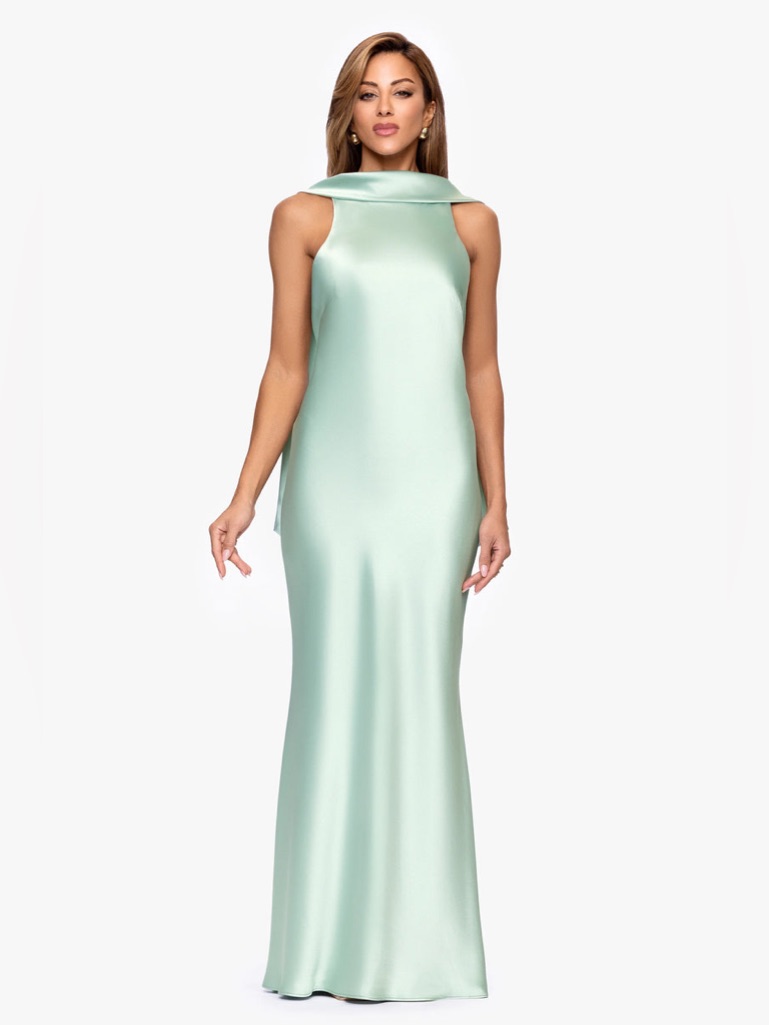 Xscape Satin Back Sash Gown Sage Size 6 Nwt- Flawed
